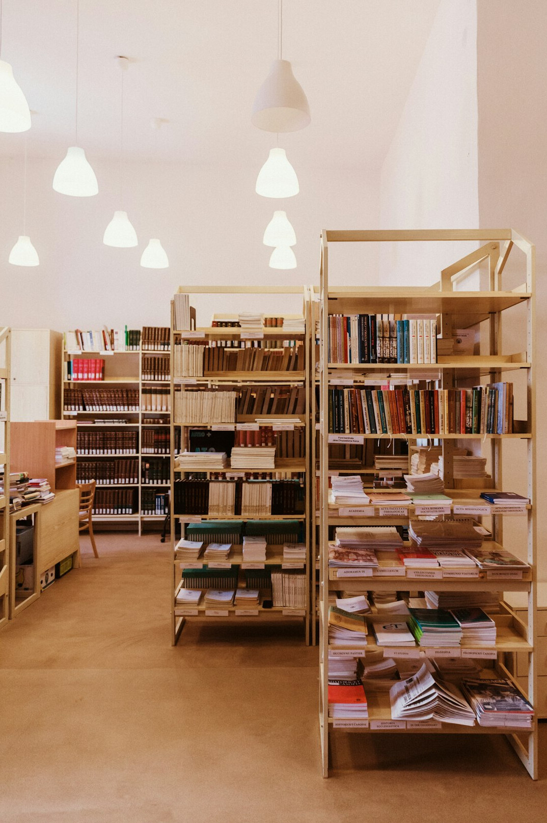 Rows of bookshelves in a quiet academic library