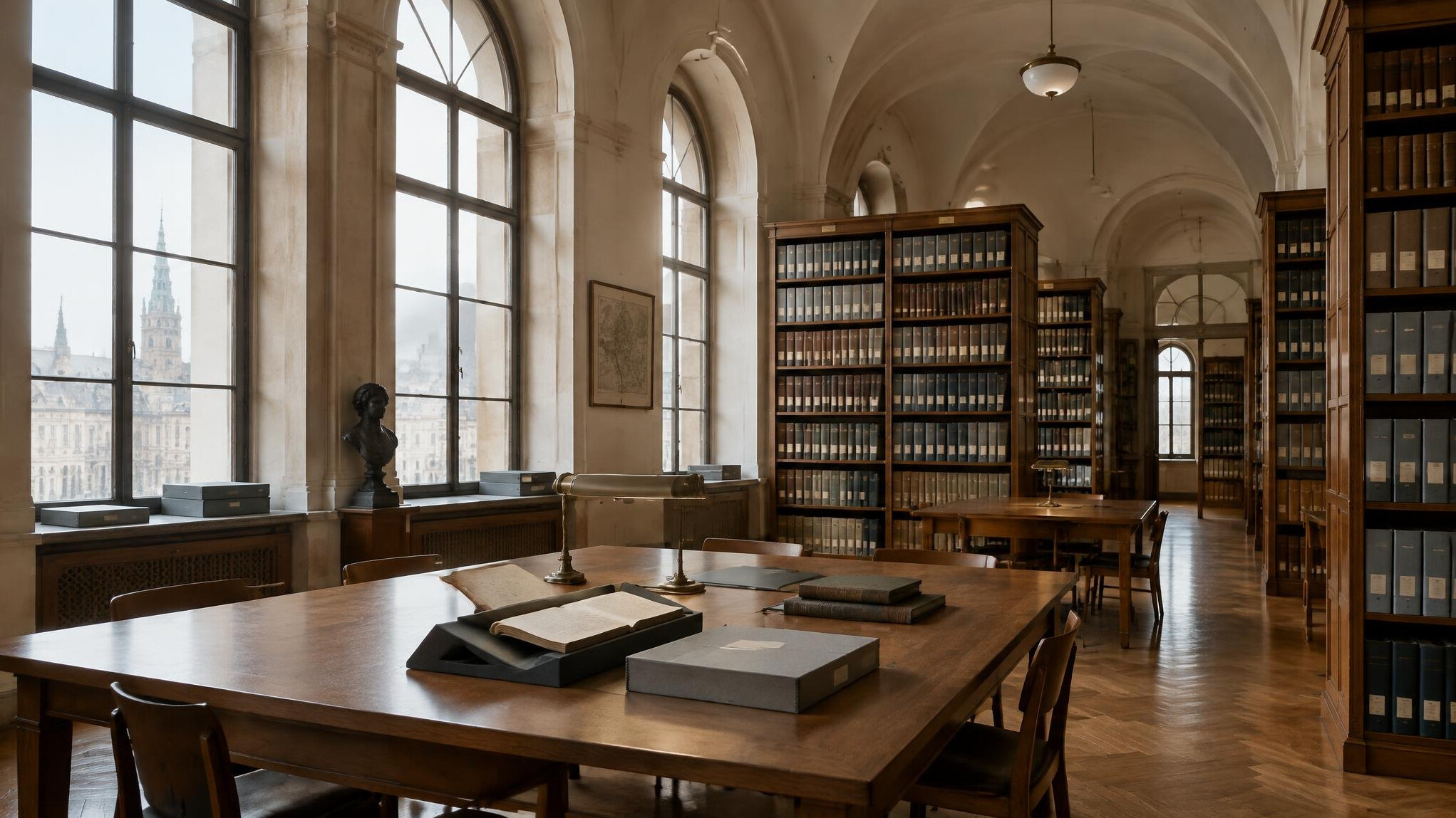 Archival reading room with tall windows and soft daylight
